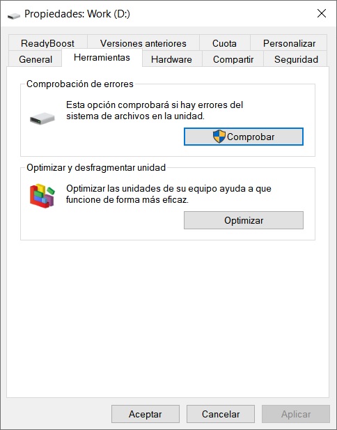 Propiedades del disco duro - Herramientas - Comprobar