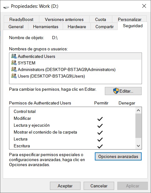 Propiedades - Seguridad - Avanzado