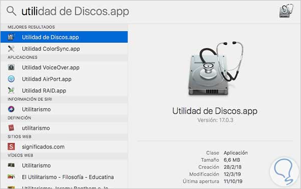 Escribe Utilidad de Discos en la barra de búsqueda 