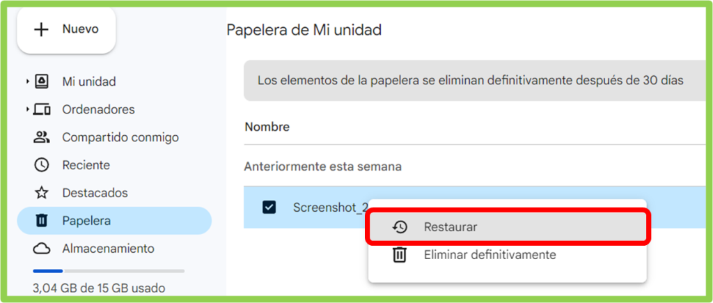 Mac - Google Drive - Papelera - Restaurar