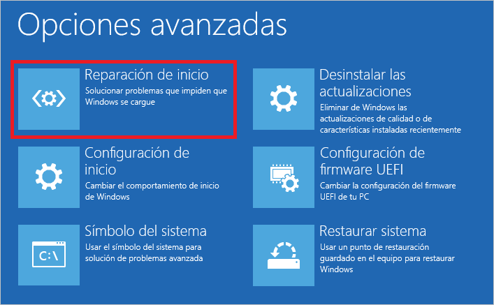 Opciones avanzadas-Reparación de inicio