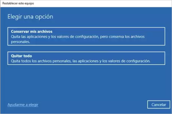 Restablecer este equipo Conservar mis archivos Quitar todo