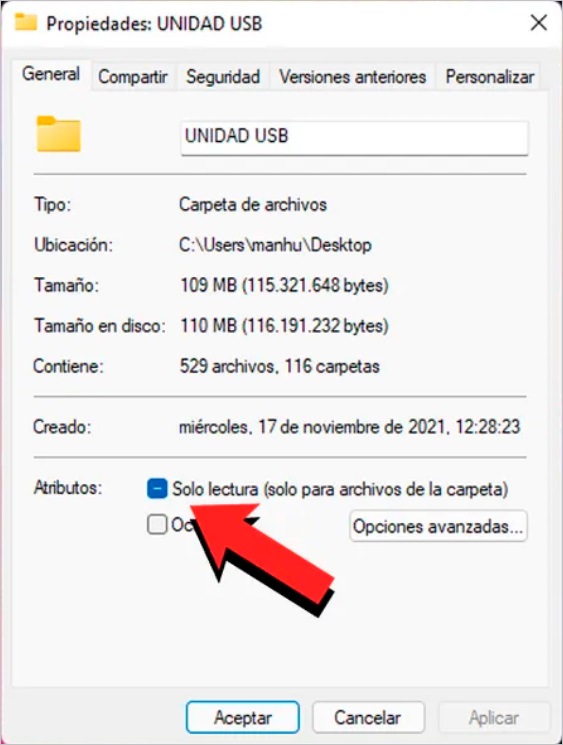 Unidad USB - Propiedades - Solo lectura cancelar