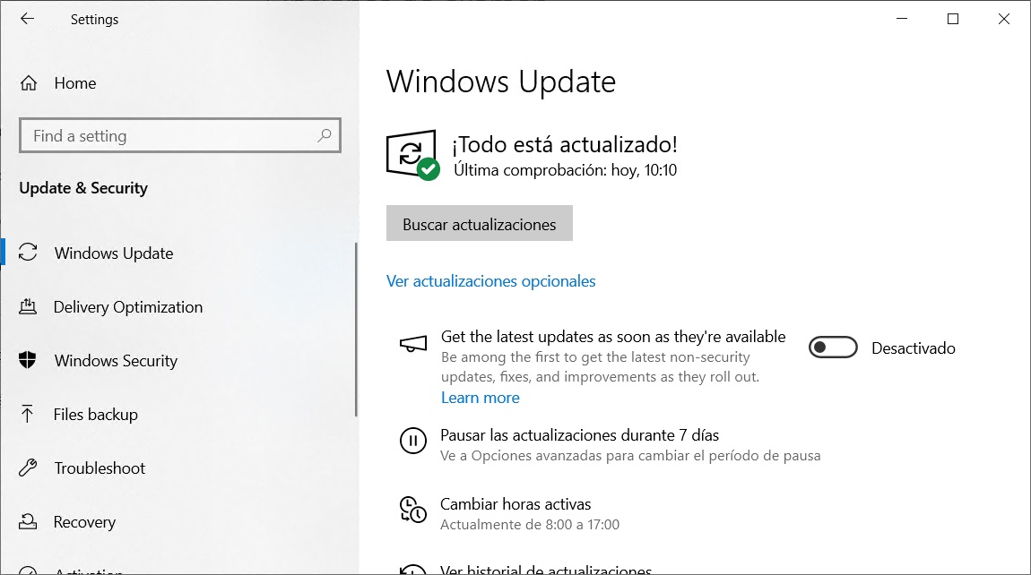 Configuración de Windows - Actualización y seguridad - Windows Update - Buscar actualizaciones