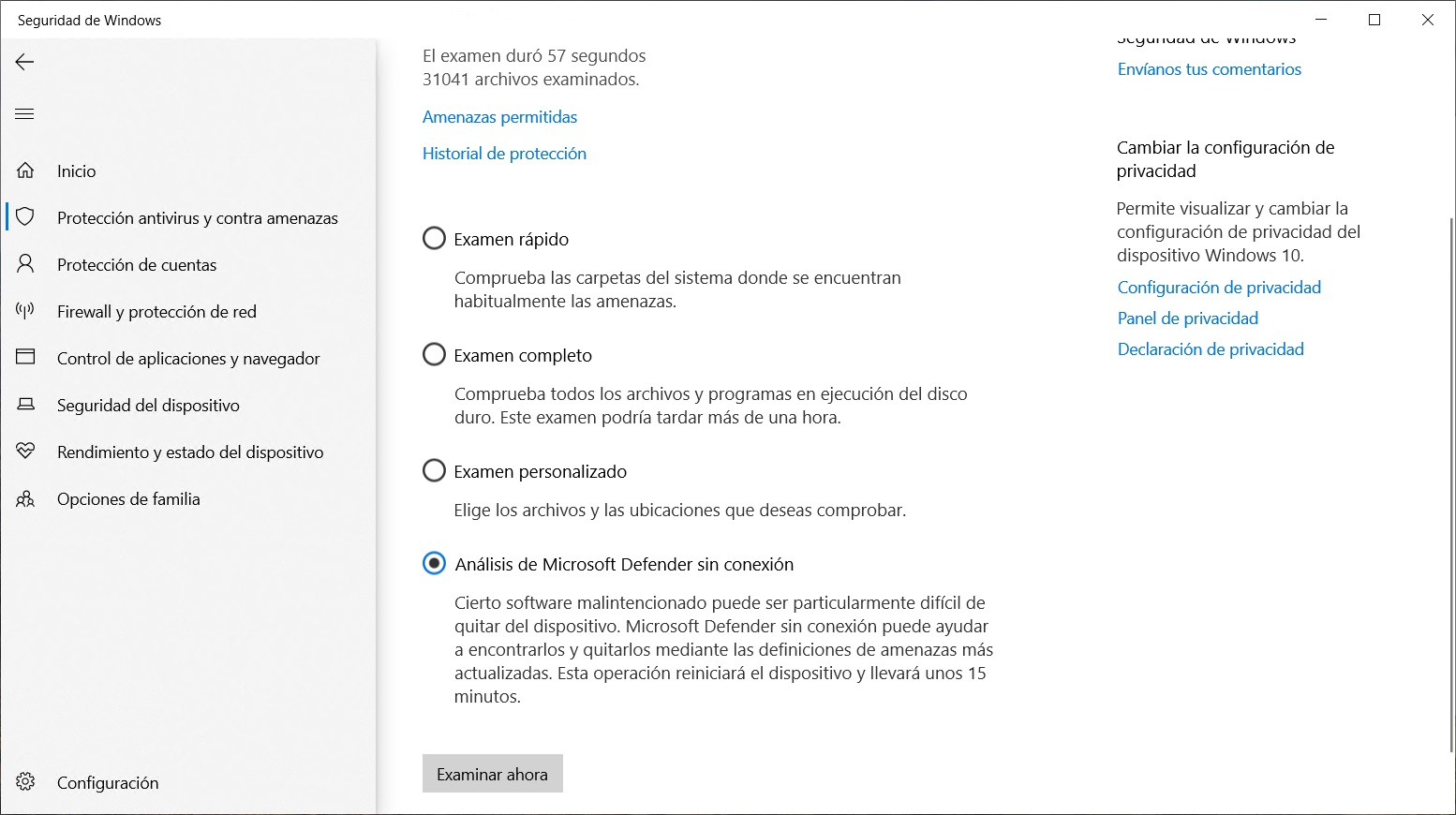 Escaneo sin conexión de Microsoft Defender - Escanear ahora