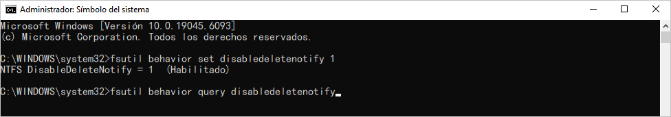 cmd-fsutil behavior set disabledeletenotify 1