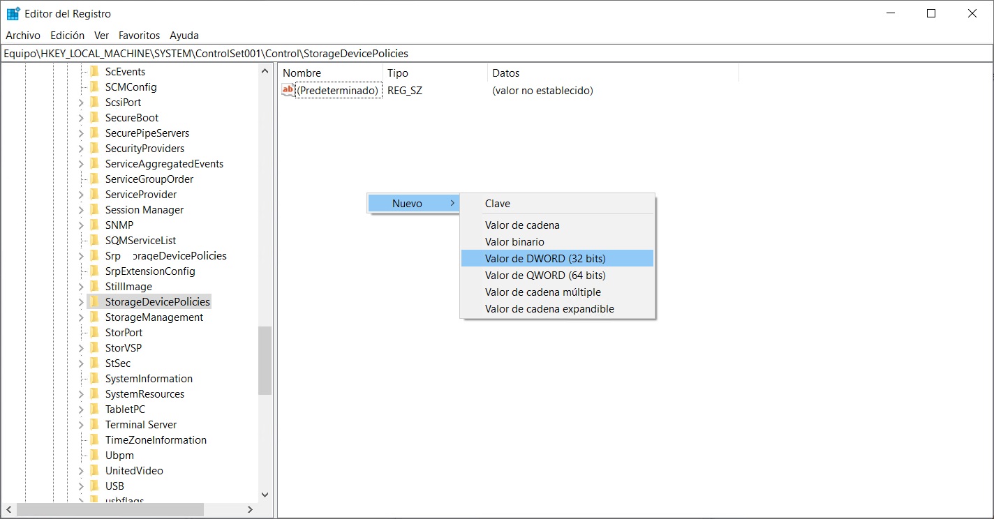 Utilice Regedit.exe para eliminar la protección contra escritura de la unidad USB