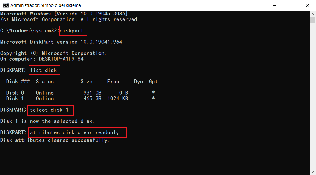 attributes disk clear readonly
