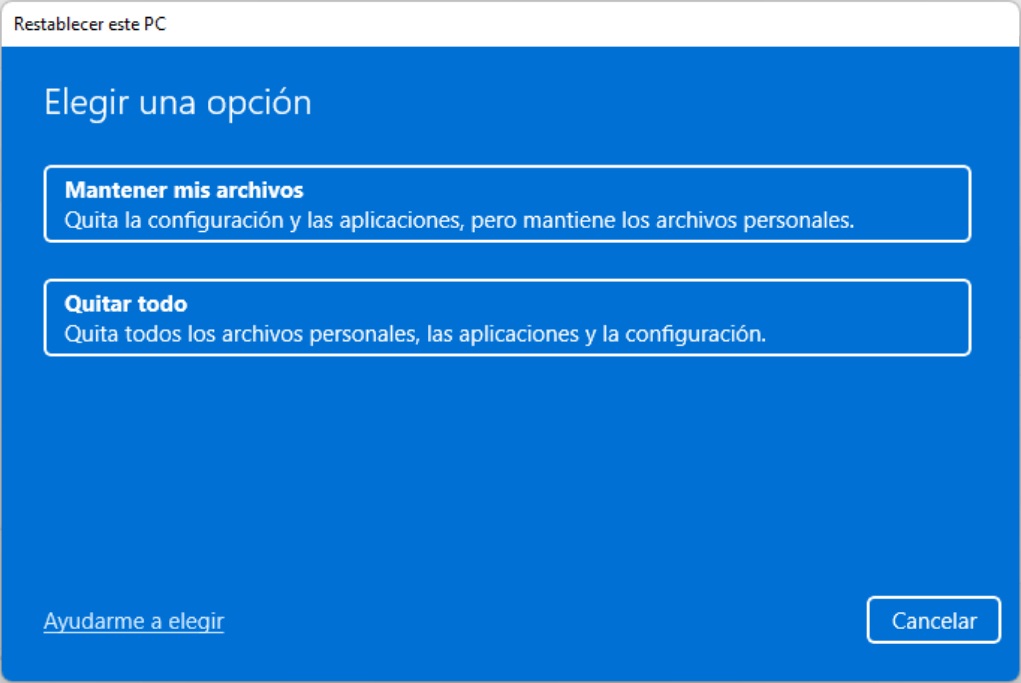 Solución de problemas > Restablecer esta PC - Conservar mis archivos