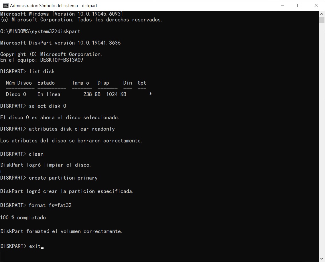 diskpart -format fat32