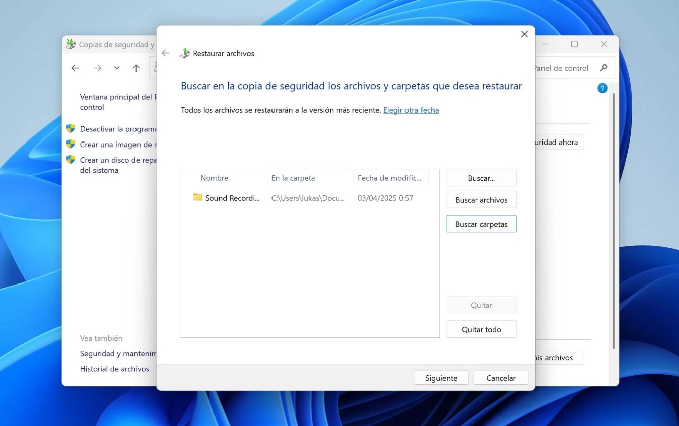 Panel de control - Sistema y seguridad - Copia de seguridad y restauración - Restaurar mis archivos 2