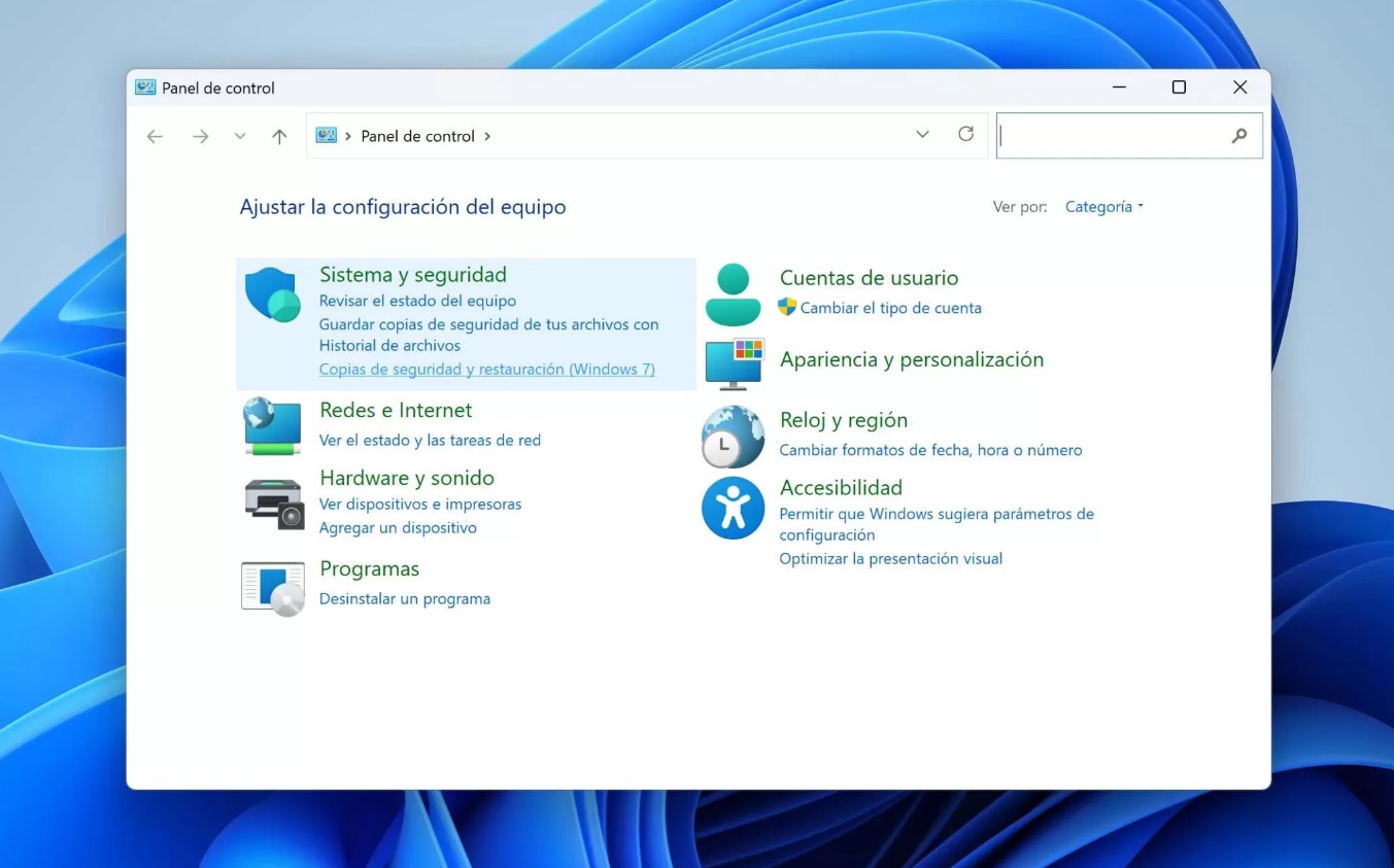 Panel de control - Sistema y seguridad - Copia de seguridad y restauración