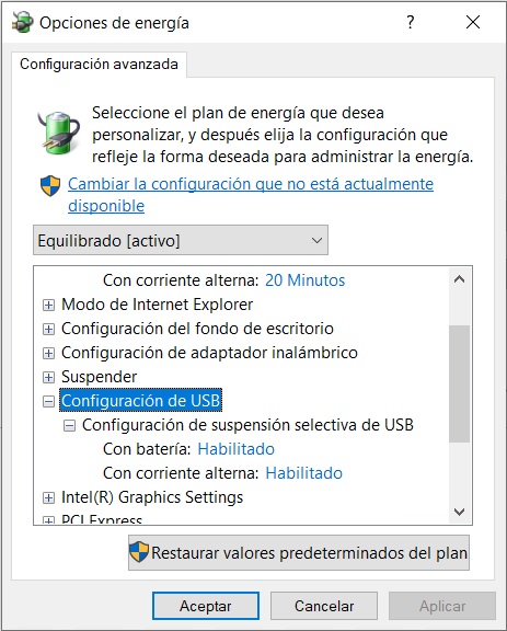 Opciones de energía - Cambiar configuración del plan - Cambiar configuración avanzada de energía - Configuración USB - Configuración de suspensión selectiva de USB