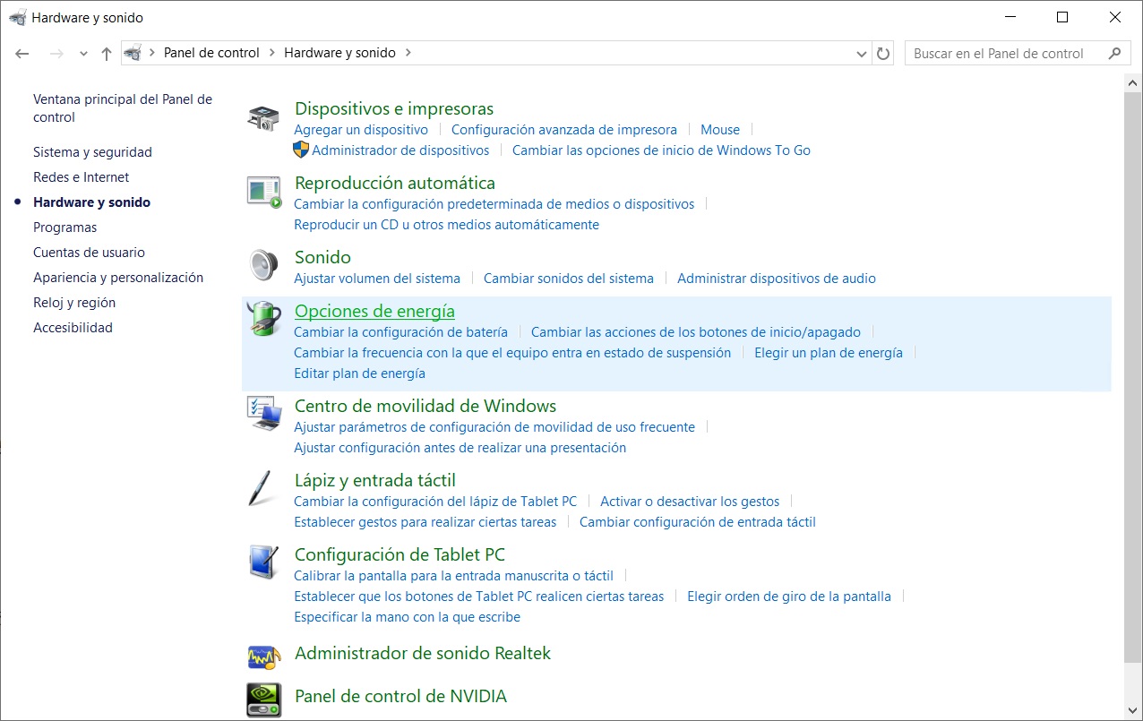 Hardware y sonido: opciones de energía
