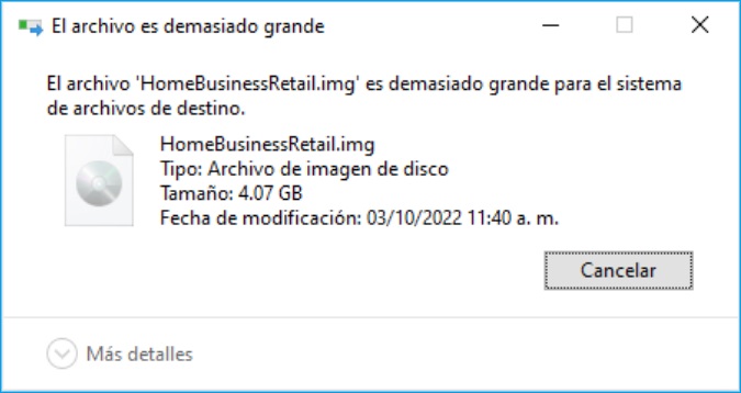 El archivo es demasiado grande para el sistema de archivos de destino.