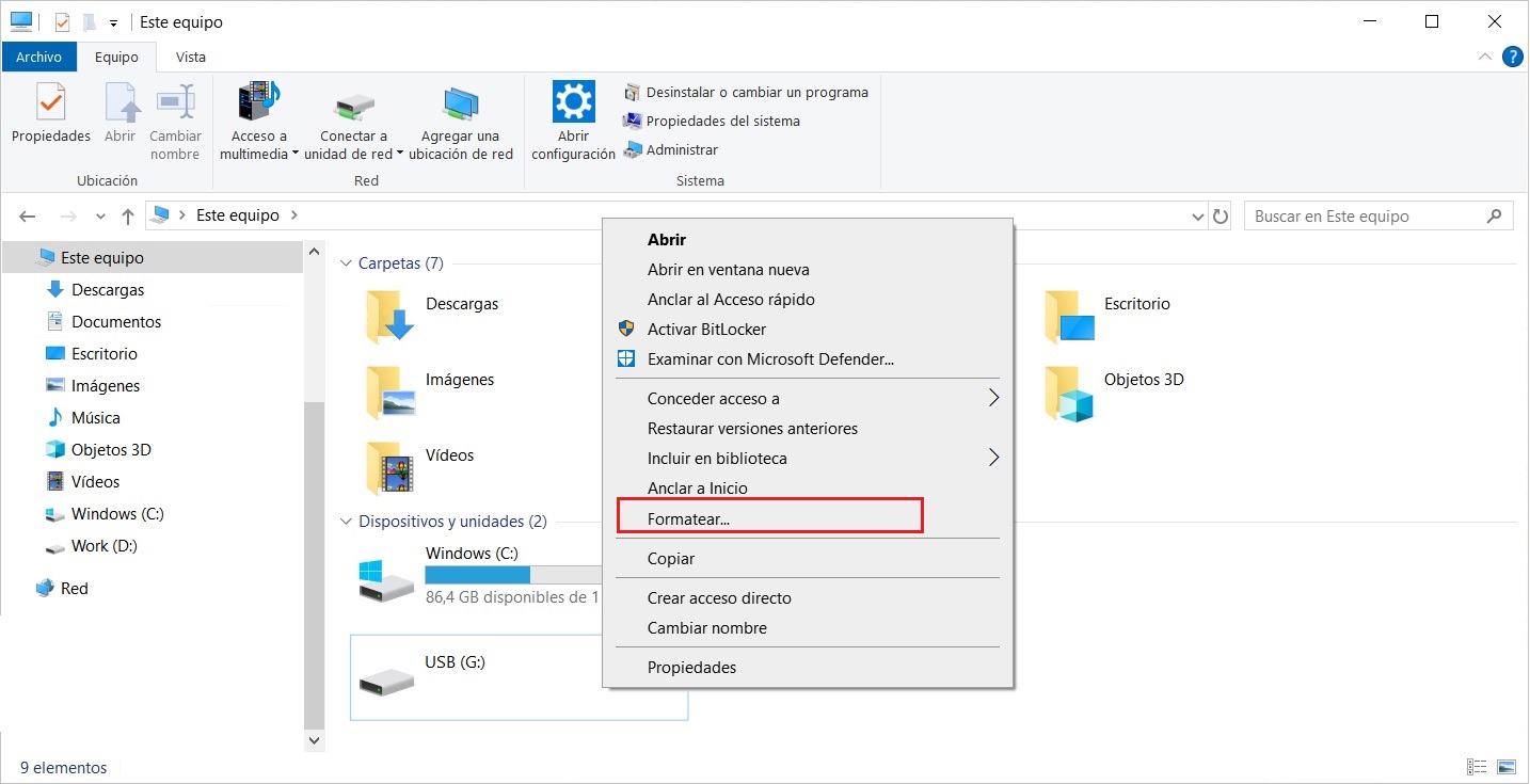 Formatear raw en el Explorador de archivos