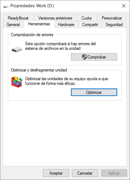 Propiedades de la unidad - Herramientas - Optimización