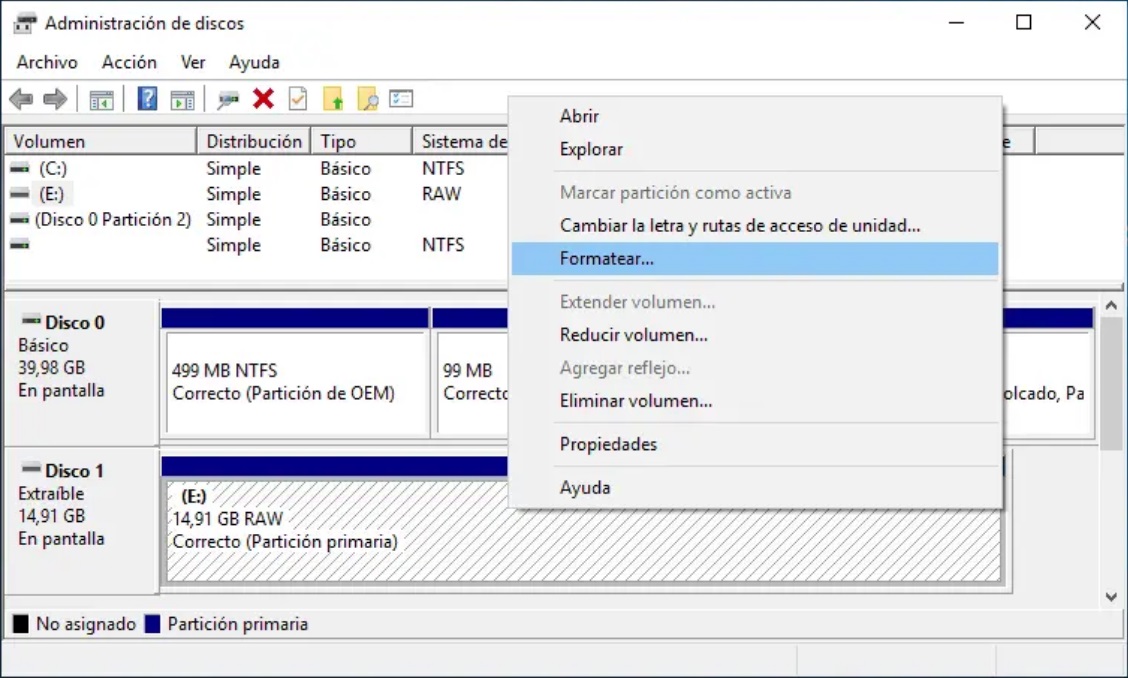 Administración de discos - Formato USB sin procesar