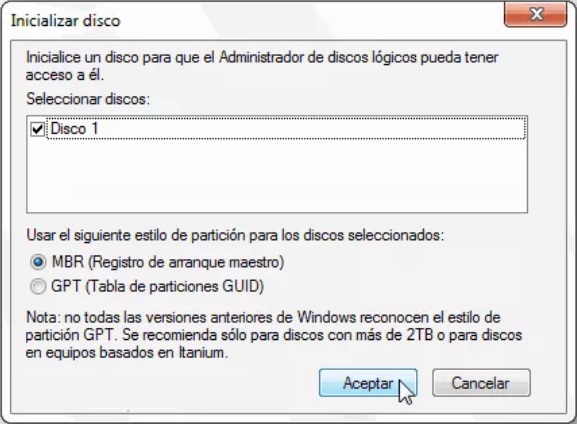Administración de discos - inicializar disco-gpt