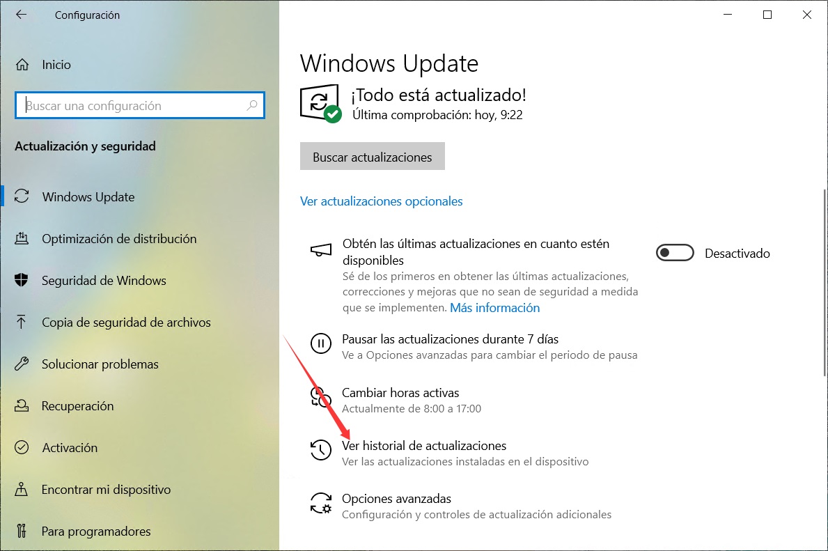 Configuración - Windows Update - Ver historial de actualizaciones