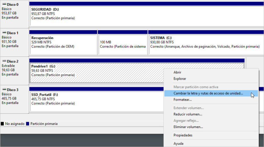 Administración de discos-Cambiar la letra y rutas de acceso de unidad