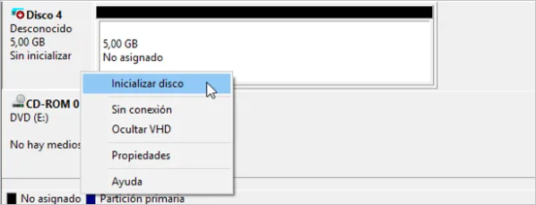 Administración de discos-Inicializar disco