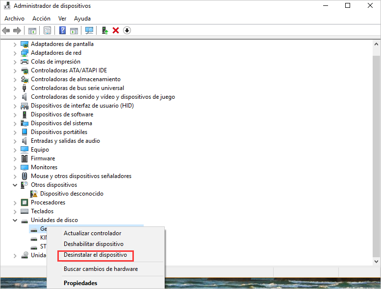 Administrador de dispositivos-Desinstalar el dispositivo