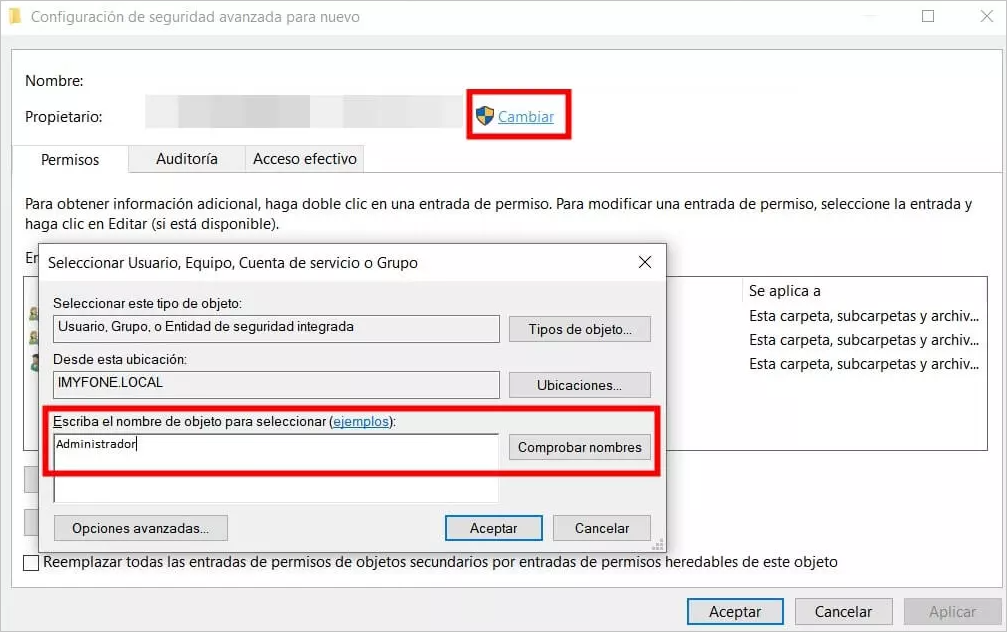 Configuración de seguridad avanzada para nuevo-Escriba el nombre de objeto para seleccionar 