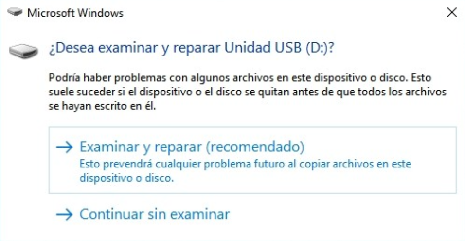 ¿Desea examinar y reparar Unidad USB?