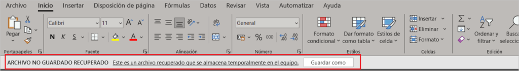 Excel-Se trata de un archivo recuperado almacenado temporalmente en el equipo